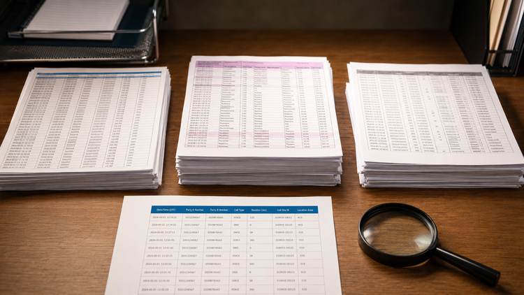 Evidence-review workspace showing distinct carrier record formats for cross-carrier comparison.