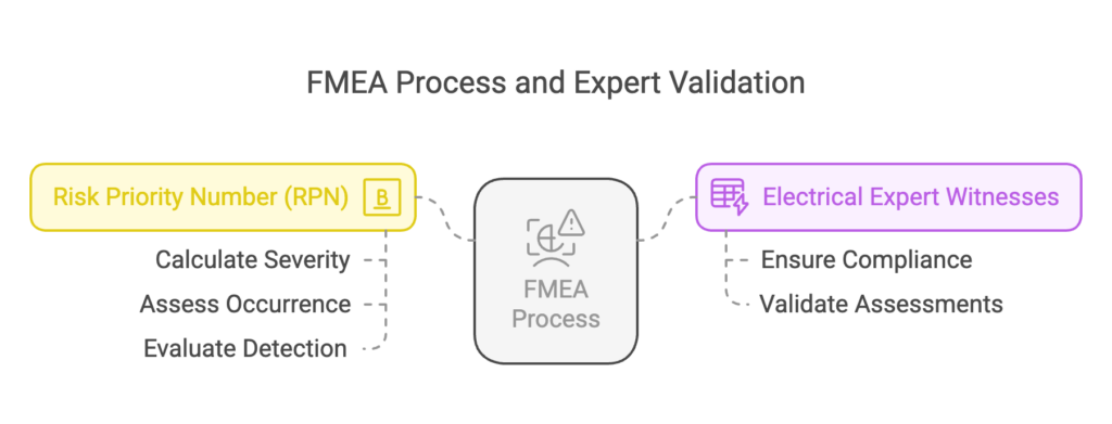 The FMEA Process: Step-by-Step
Implementing FMEA involves a systematic approach to identify and mitigate risks effectively.
1. Identify the Scope and Boundaries
Defining the system, process, or product under evaluation ensures a clear understanding of potential risks.
2. Identify Potential Failure Modes
Failure modes refer to how a component, system, or process can fail. This step involves brainstorming and reviewing past failure data to capture all possible failure scenarios.
3. Determine the Effects of Each Failure
Each failure mode is analyzed to assess its impact on safety, operations, and compliance. High-risk failures require immediate corrective action.
4. Assign Severity, Occurrence, and Detection Ratings
FMEA employs a ranking system:
Severity (S): Impact on users and processes.
Occurrence (O): Likelihood of failure happening.
Detection (D): Probability of detecting failure before it causes harm.
These ratings are used to calculate the Risk Priority Number (RPN), which determines the urgency of corrective actions.
Electrical expert witnesses play a vital role in validating failure assessments and ensuring compliance with electrical safety standards.