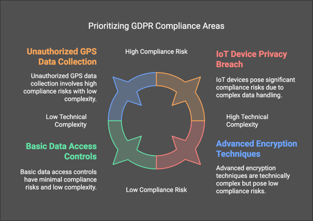 Prioritizing GDPR Compliance Areas. Unauthorized GPS Data Collection, Basic Data Access Controls, IoT Device Privacy Breach, Advanced Encryption Techniques