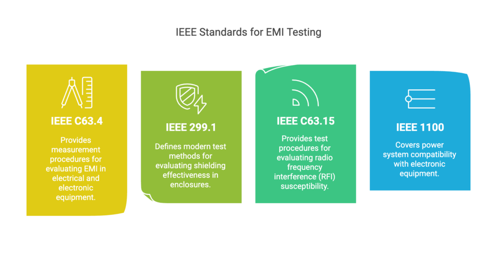 IEEE C63.4 – Provides measurement procedures for evaluating EMI in electrical and electronic equipment.

IEEE 299.1 – Defines modern test methods for evaluating shielding effectiveness in enclosures.

IEEE C63.15 – Provides test procedures for evaluating radio frequency interference (RFI) susceptibility.

IEEE 1100 (Emerald Book) – Covers power system compatibility with electronic equipment.