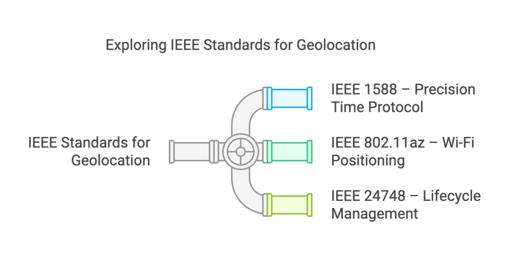 IEEE 1588 – Precision Time Protocol (PTP), used to synchronize GPS-enabled systems with high accuracy.

IEEE 802.11az – Enhances Wi-Fi-based positioning systems for improved location tracking.

IEEE 24748 – Provides guidelines for the lifecycle management of location-based technologies.