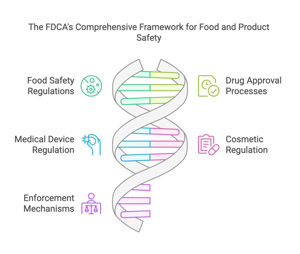 Food safety regulations to prevent contamination and ensure proper labeling.

Drug and medical device approval processes to ensure efficacy and safety.

Regulation of cosmetics and dietary supplements to prevent misleading claims and harmful ingredients.

Enforcement mechanisms including inspections, recalls, and legal actions against violators.
