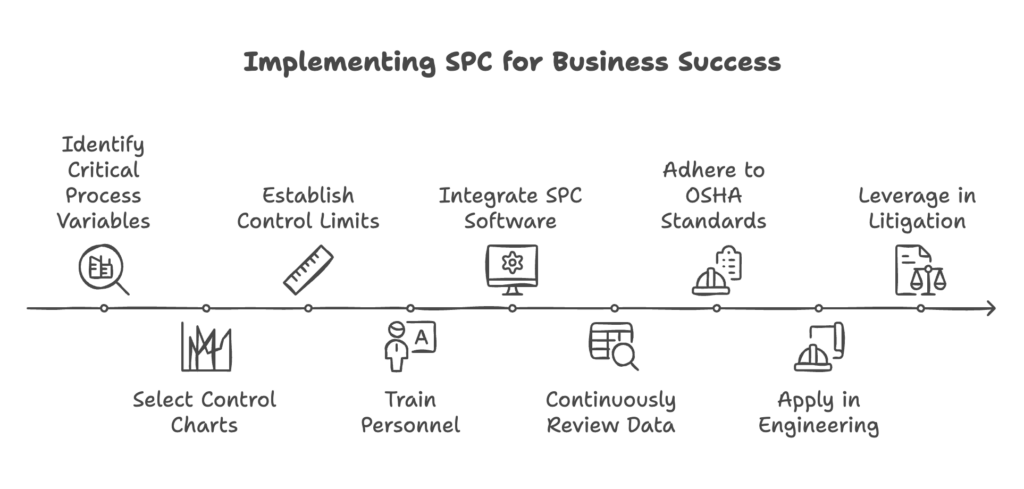 Identify critical process variables to monitor.

Select the appropriate control charts for data analysis.

Establish control limits based on statistical calculations.

Train personnel in SPC principles and interpretation.

Integrate SPC software for real-time monitoring.

Continuously review data and refine process improvements.