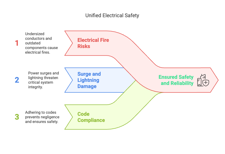 Fire Risks and Overheating
Undersized or overloaded conductors, unventilated enclosures, and outdated electrical components are major contributors to electrical fires. These failures can be linked to violations of:
Equipment clearance and ventilation rules
Conductor temperature ratings
Overcurrent protection requirements (NEC Article 240)
In the eyes of a jury, failing to prevent these known risks can equate to negligence - especially when codes clearly warn against such practices.
Surge and Lightning Damage
Power surges from external events, such as lightning or grid fluctuations, can disable critical systems like CCTV, access control, or fire alarms. Inadequate surge protection allows this transient energy to damage sensitive equipment, leading to system-wide failure at the moment it’s needed most.
This is particularly relevant for buildings with safety-critical infrastructure. Code-compliant surge protection - typically involving a layered system of Type 1 and Type 2 devices - is no longer optional when life-safety systems are involved.