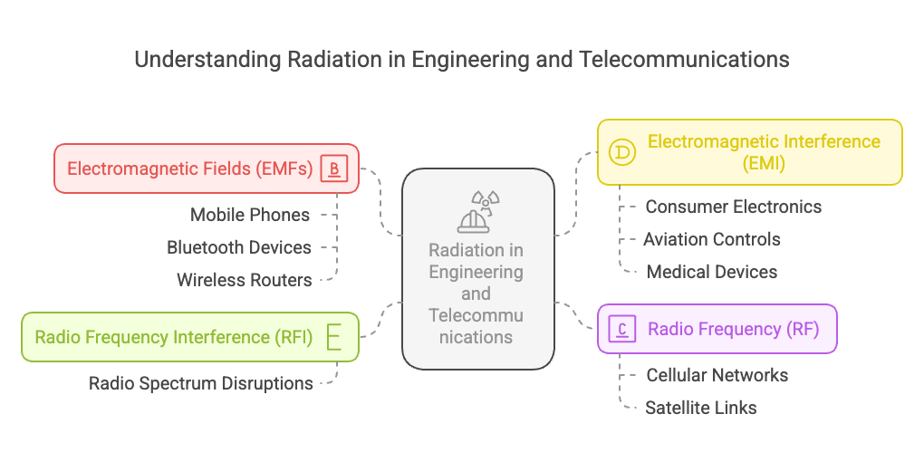 When discussing radiation in engineering and telecommunications, several terms are essential to understand.

Electromagnetic fields (EMFs) are created whenever electrical energy is transmitted. These fields are particularly relevant in systems that use or emit RF energy, such as mobile phones, Bluetooth devices, and wireless routers.

Radio Frequency (RF) radiation specifically refers to electromagnetic waves in the range of 3 kHz to 300 GHz. RF is used in nearly all wireless communications, from cellular networks to satellite links.

Electromagnetic interference (EMI) and radio frequency interference (RFI) occur when unwanted electromagnetic energy disrupts the operation of an electronic system. EMI is a broader category that includes both radio frequency and other frequencies, while RFI focuses on disruptions in the radio spectrum. These interferences can cause anything from minor glitches in consumer electronics to serious hazards in critical systems like aviation controls or medical devices.