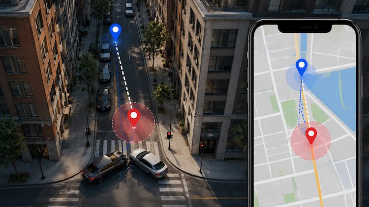 A mapped GPS point sits away from the roadway scene, showing why location uncertainty should be reviewed before drawing technical conclusions