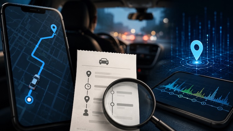 Forensic review workspace with rideshare records and location data
