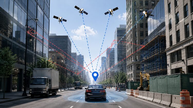 Satellite signals reflect from nearby buildings before reaching a phone, creating uncertainty in an urban GPS estimate