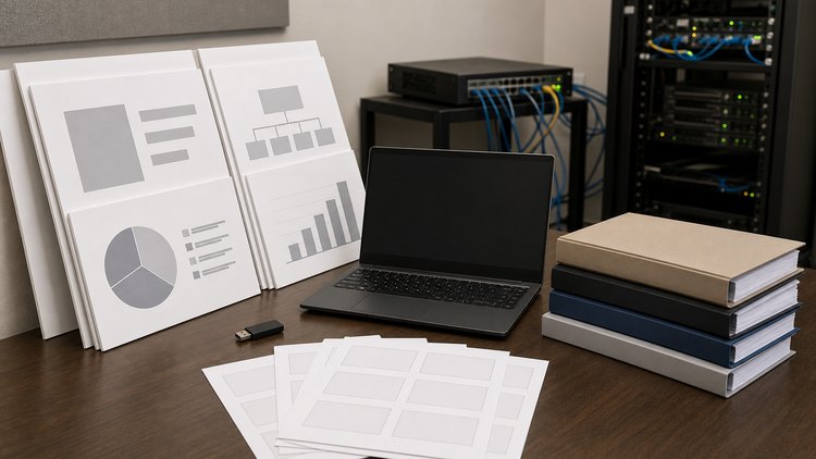 Printed exhibit boards and digital backup materials near telecom equipment