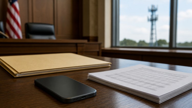 Courtroom evidence table with phone, folder, blurred records, and cell tower beyond the window