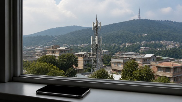 Phone on a windowsill overlooking two cell towers, buildings, and hilly terrain affecting network connections