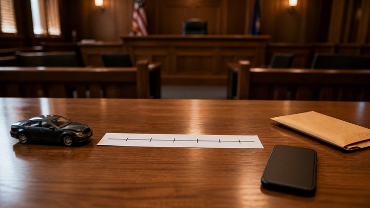 Courtroom table with a blank timeline strip, phone, evidence envelope, and small vehicle model