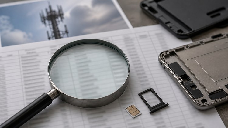 Magnifying glass over blurred call-record rows with SIM tray and phone hardware during technical review