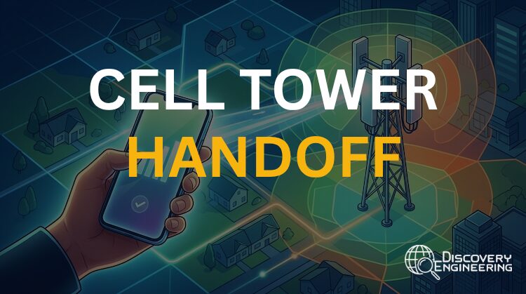 Cell tower handoff illustration with Discovery Engineering logo