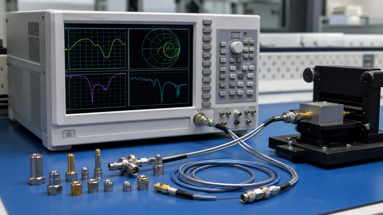 RF measurement bench with analyzer and calibration standards