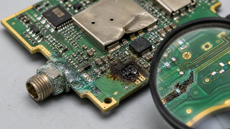 Close inspection of burned telecom circuit board components
