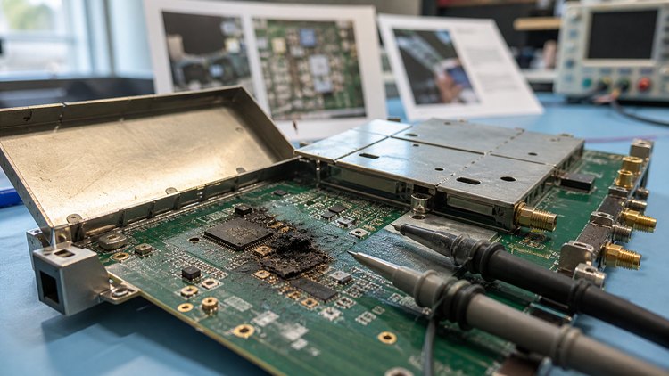 Damaged telecom circuit board prepared for exhibit review