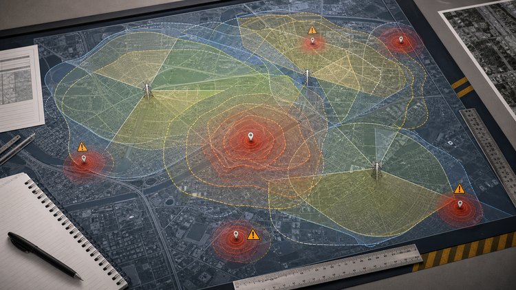 Uncertainty bands and sector overlays on a forensic map