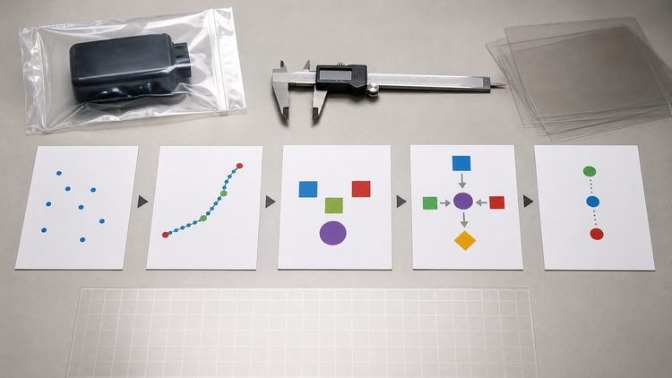 Sequential evidence cards with GPS points and reconstruction tools