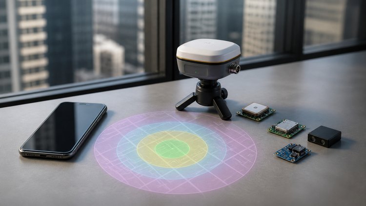 A blank phone, GNSS receiver, and sensor modules show multiple inputs used to estimate location uncertainty