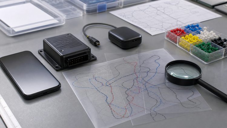 Evidence devices and transparent GPS overlays on a forensic bench