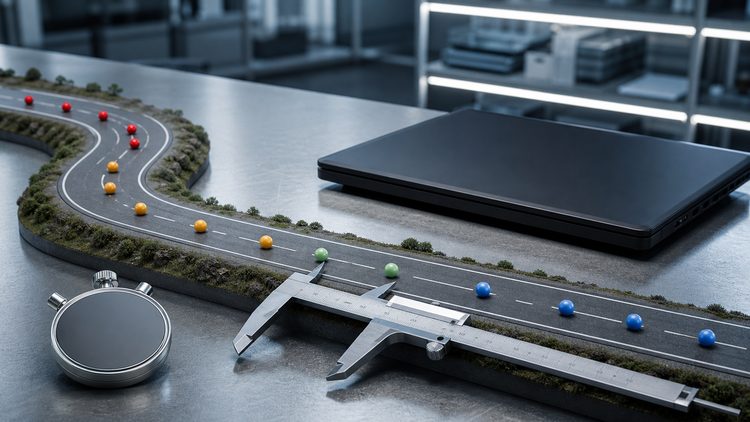 Position beads and calipers arranged along a curved roadway model