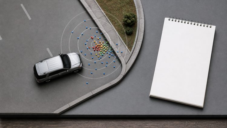Clustered GPS points around a curb in a road model