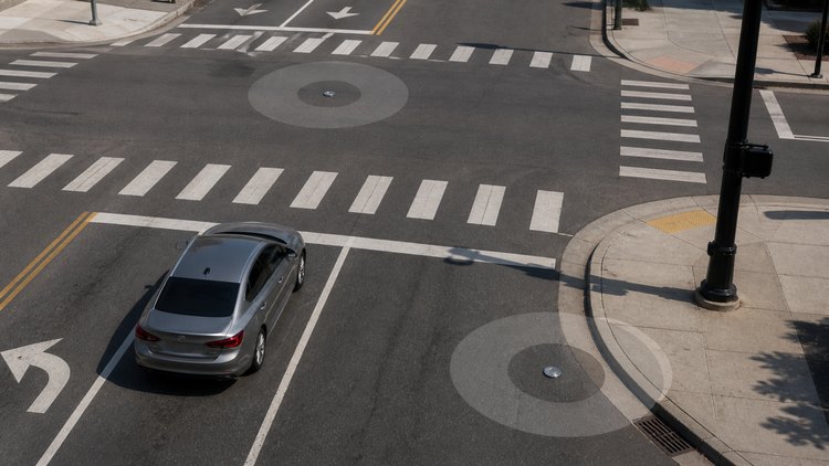 An empty urban intersection with a vehicle and uncertainty areas shows why lane-level GPS interpretation needs caution