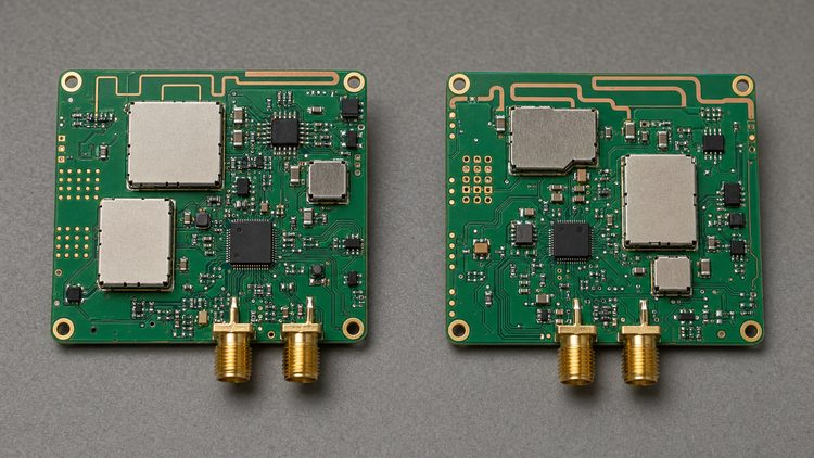 Two RF circuit-board versions placed side by side