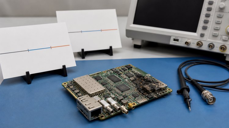 Telecom circuit board beside test equipment and blank exhibit boards