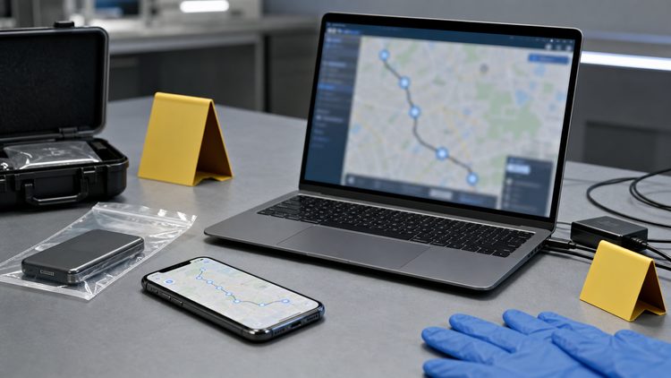 Forensic workstation comparing live app tracking with preserved GPS records