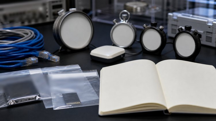 Blank timing instruments, cables, evidence sleeves, and open notebook on a lab bench