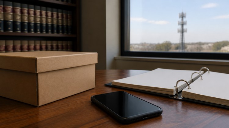 Locked phone beside an archive box and blank binder with a distant tower outside an office window