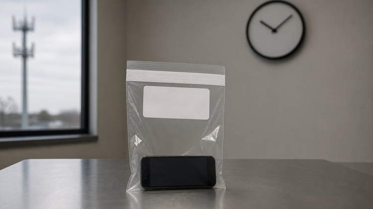 Sealed evidence bag with an inactive phone, wall clock, and distant cell tower in an intake room