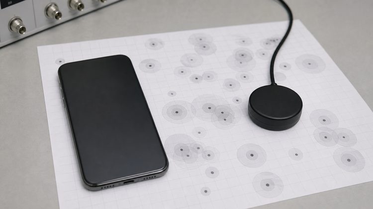 Phone and GNSS receiver with uncertainty circles on a blank grid