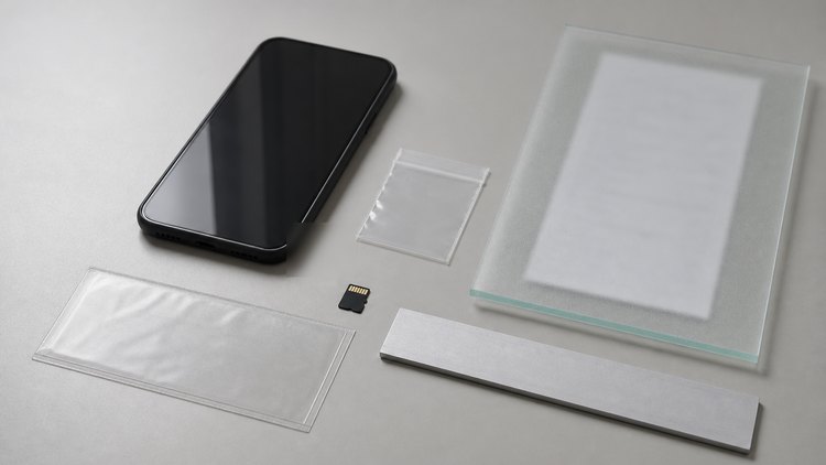 Powered-off phone, memory card, blank document, and evidence sleeves on a tabletop