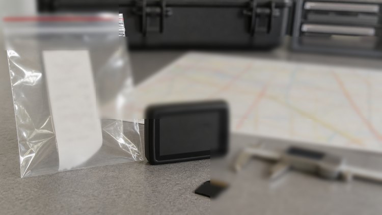 Forensic evidence bag with GPS receiver and map materials