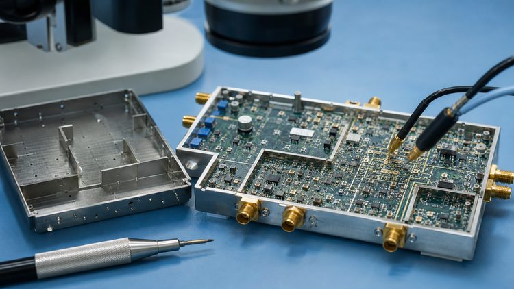 Opened RF enclosure prepared for component inspection
