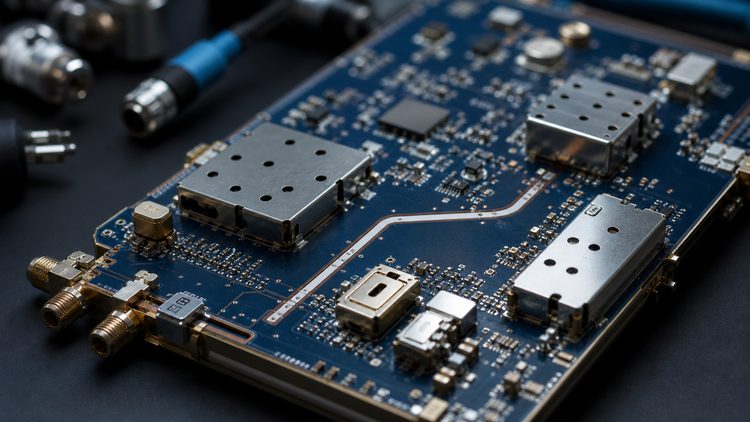 RF circuit board with shielded front-end components