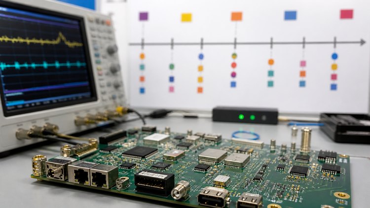 Telecom circuit board with blurred waveform and timeline display
