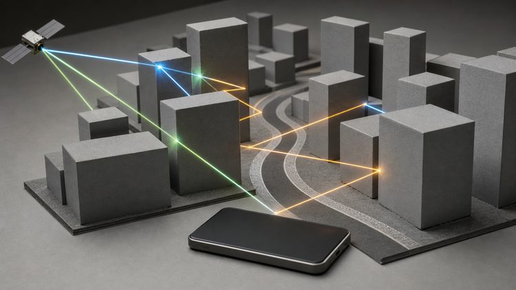Urban block model showing reflected satellite signal paths